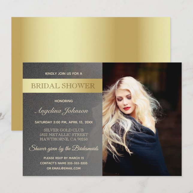 Luxury Gold Foil and Silver Bridal Shower Photo Invitation (Front/Back)