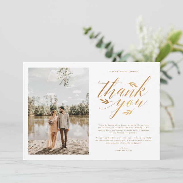 Luxury Gold Foil Calligraphy Photo Wedding Thank You Card (Standing Front)