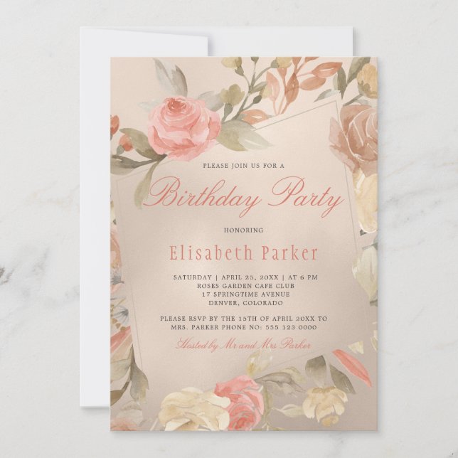 Luxury Gold Foil Coral Peach Floral Birthday Party Invitation (Front)