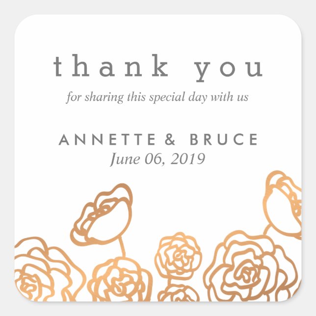 Luxury Gold Foil Floral Wedding Thank You Square Sticker (Front)