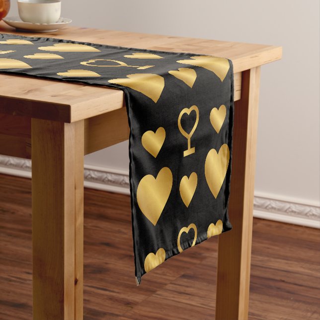 Luxury Gold Foil Hearts on Black  Short Table Runner (In Situ)