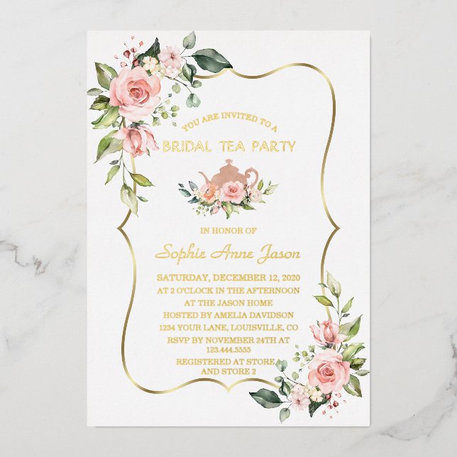 Luxury GOLD FOIL Pink Floral Bridal Tea Party (Front)