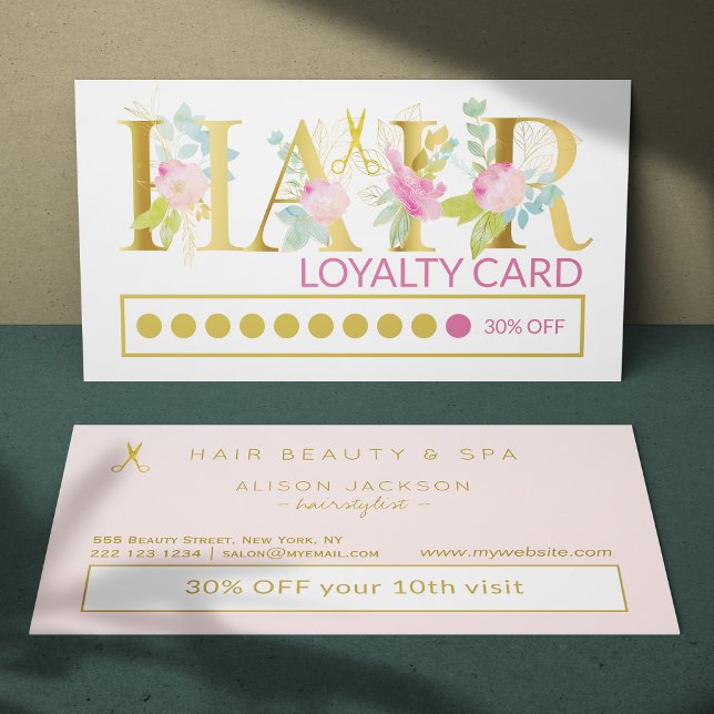 Luxury gold foil pink HAIR salon loyalty punch Business Card (Creator Uploaded)
