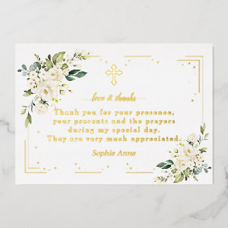 Luxury Gold Foil White Flowers Baptism Thank You