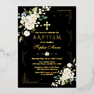 Luxury GOLD FOIL White Flowers Black Baptism