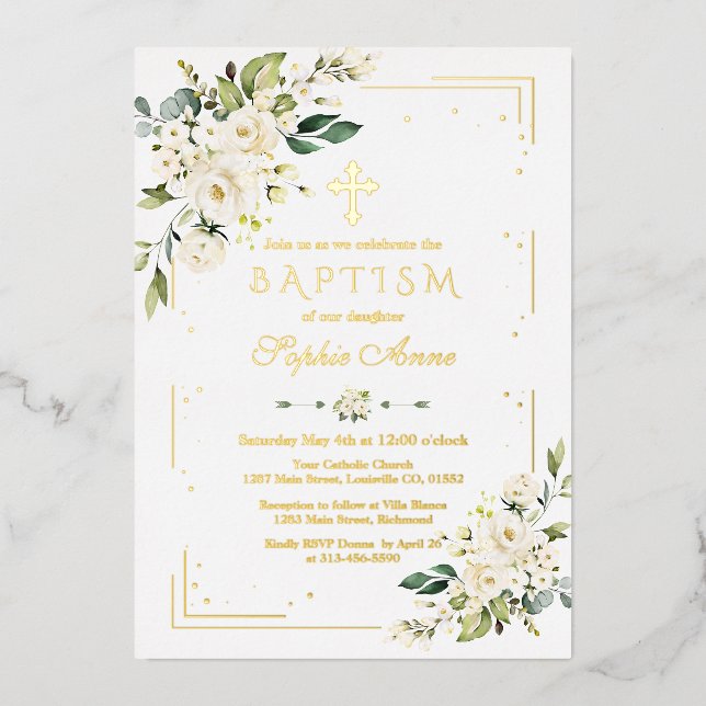 Luxury GOLD FOIL White Flowers Girl Baptism (Front)