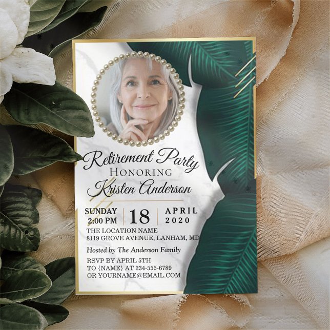 Luxury Gold Foliage Floral Photo Retirement Party Invitation (Creator Uploaded)
