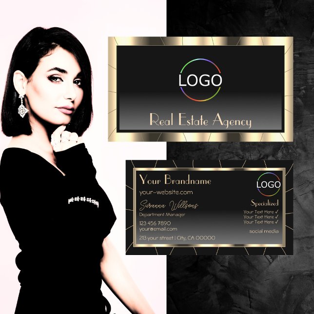 Luxury Gold Frame Dark Gradient Modern with Logo Business Card (Creator Uploaded)
