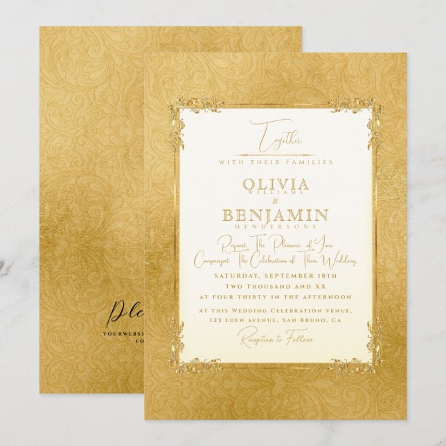 Luxury Gold Frame florale & Golden texture Wedding Invitation (Front/Back)