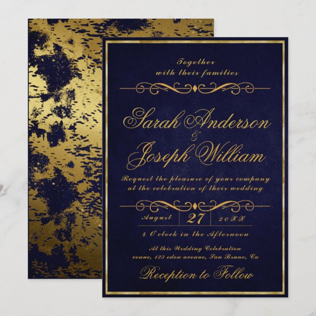 Luxury Gold Frame Foil & Texture Purple Wedding  I Invitation (Front/Back)