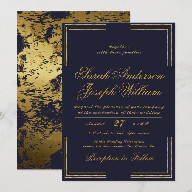 Luxury Gold Frame & Golden Foil Wedding Invitation (Front/Back)