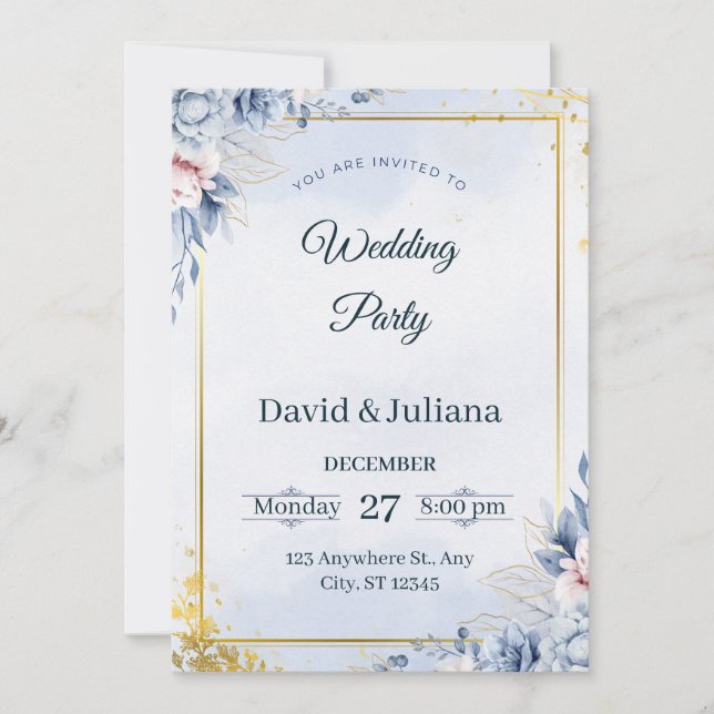 Luxury Gold Frame Navy Blue Floral Wedding Invitat Invitation (Front)