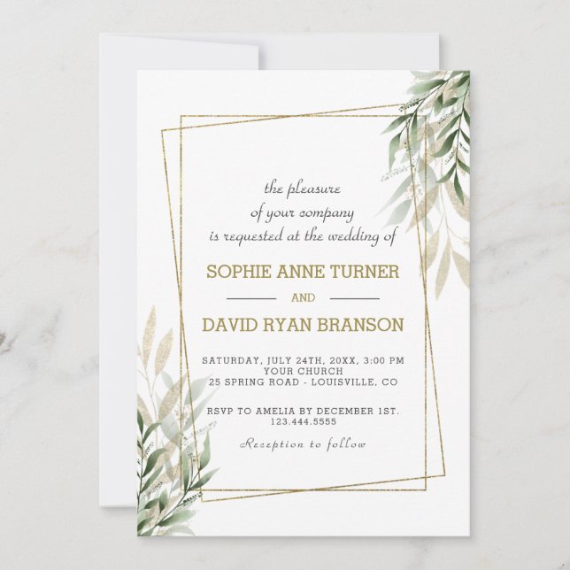 Luxury Gold Frame Watercolor Leaves Wedding Invitation (Front)