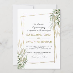 Luxury Gold Frame Watercolor Leaves Wedding Invitation