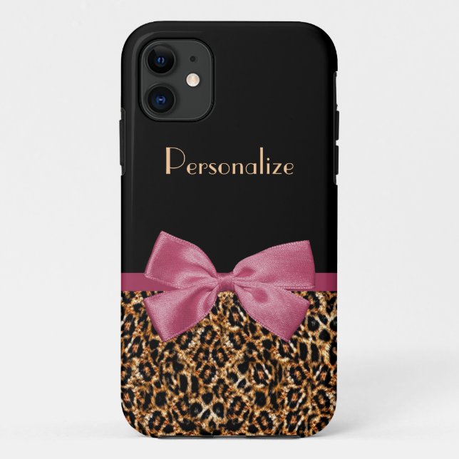 Luxury Gold Fur Leopard Print Mauve Bow With Name Case-Mate iPhone Case (Back)