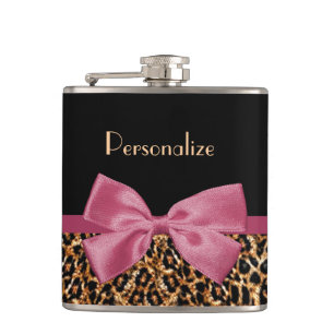 Luxury Gold Fur Leopard Print Mauve Bow With Name Hip Flask