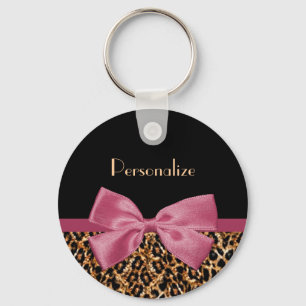 Luxury Gold Fur Leopard Print Mauve Bow With Name Key Ring