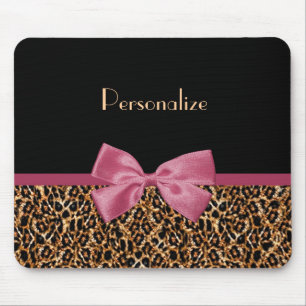 Luxury Gold Fur Leopard Print Mauve Bow With Name Mouse Mat
