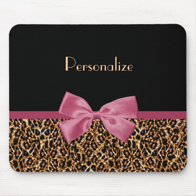 Luxury Gold Fur Leopard Print Mauve Bow With Name Mouse Mat (Front)