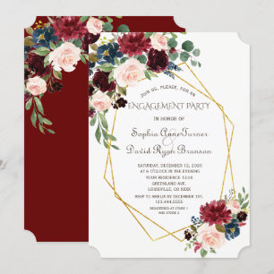Luxury Gold Geometric Burgundy Floral Engagement Invitation