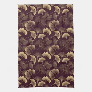 Luxury Gold Ginkgo Burgundy Tea Towel