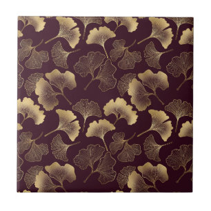 Luxury Gold Ginkgo Burgundy Tile