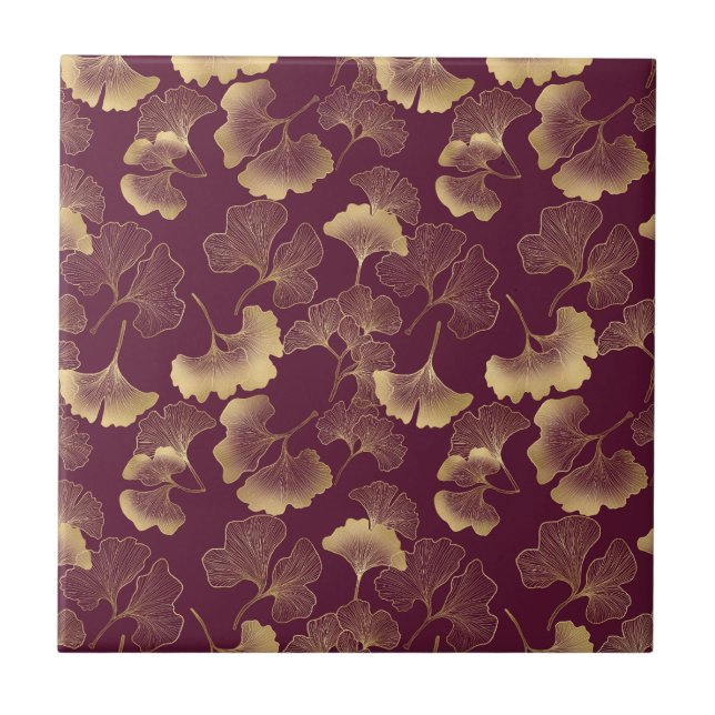 Luxury Gold Ginkgo Burgundy Tile (Front)