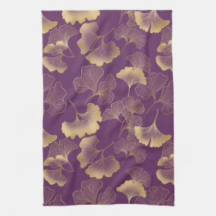 Luxury Gold Ginkgo Leaves on Deep Purple (4) Tea Towel
