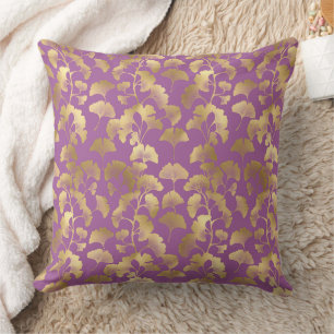 Luxury Gold Ginkgo Leaves on Deep Purple (5) Cushion