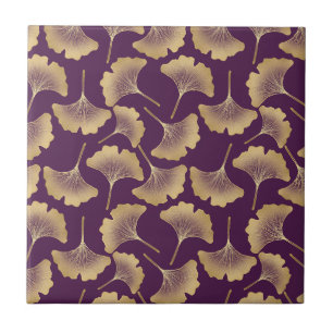 Luxury Gold Ginkgo Leaves on Deep Purple (6) Tile