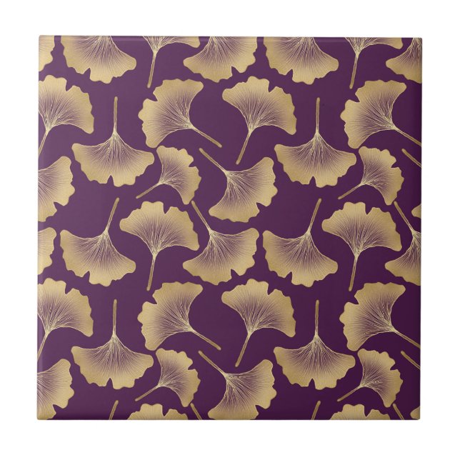 Luxury Gold Ginkgo Leaves on Deep Purple (6) Tile (Front)