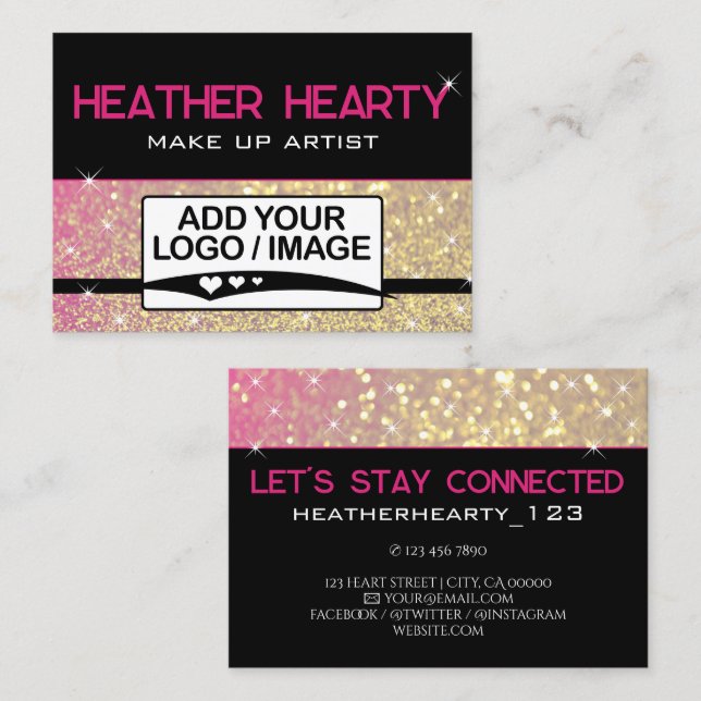 Luxury Gold Girly Neon Pink Glitter Logo Template Business Card (Front/Back)