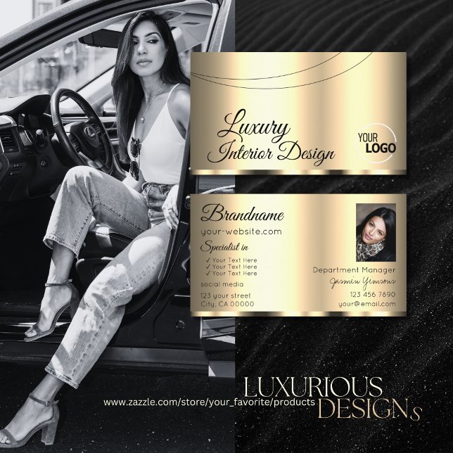 Luxury Gold Glamourous with Logo and Photo Stylish Business Card (Creator Uploaded)