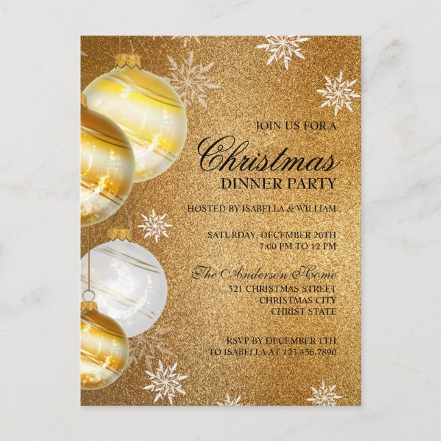 Luxury Gold Glitter Baubles Christmas Invitation Postcard (Front)