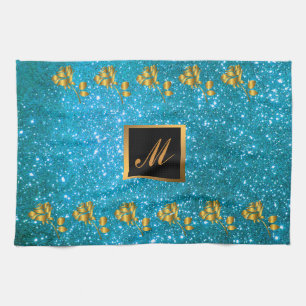 Luxury Gold Glitter Blue Floral Gift Tea Towel