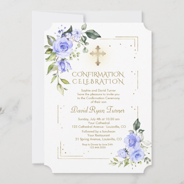 Luxury Gold Glitter Blue Flowers Boy Confirmation Invitation (Front)