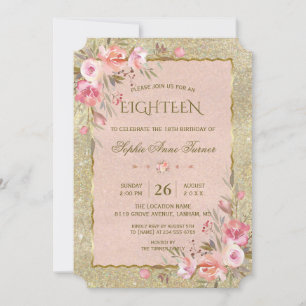Luxury Gold Glitter Blush Floral 18th Birthday Invitation