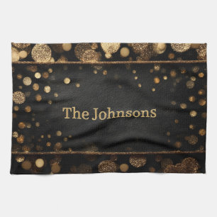 Luxury Gold Glitter Bokeh Frame with Custom Name Tea Towel