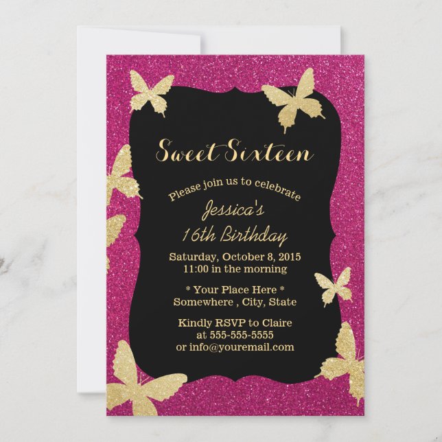 Luxury Gold Glitter Butterflies Sweet 16 Invitation (Front)