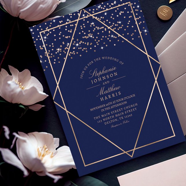 Luxury Gold Glitter Confetti Navy Blue Wedding Invitation (Creator Uploaded)