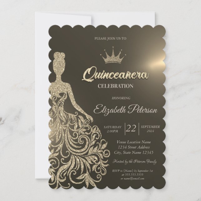 Luxury Gold Glitter Dress Gold Quinceanera Invitation (Front)