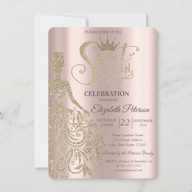 Luxury Gold Glitter Dress Rose Gold Sweet 16 Invitation (Front)