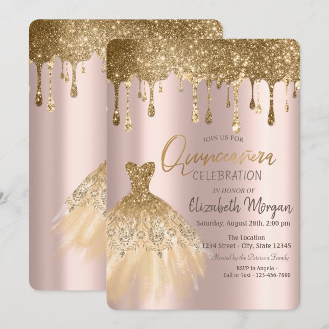 Luxury Gold Glitter Drips Dress Quinceañera  Invitation (Front/Back)