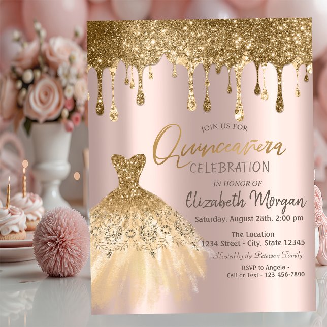 Luxury Gold Glitter Drips Dress Quinceañera  Invitation (Creator Uploaded)