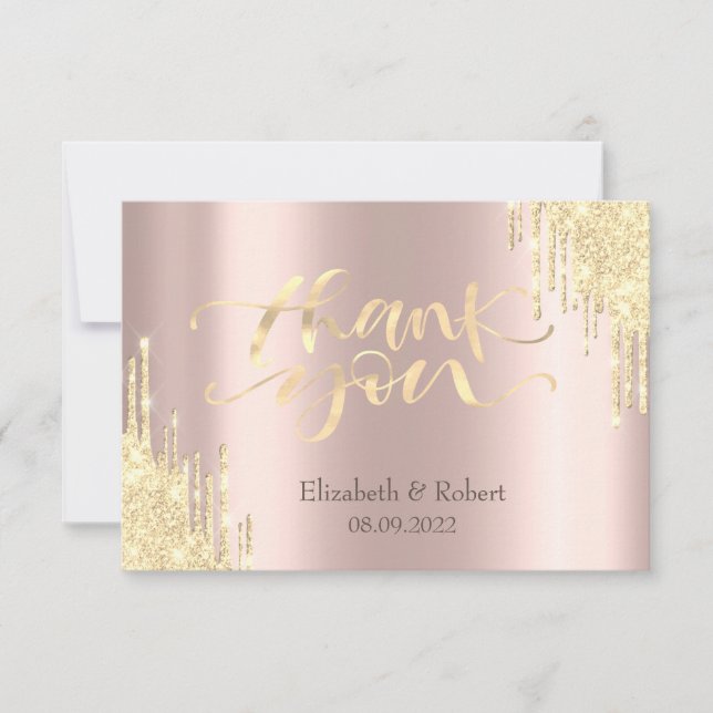 Luxury Gold Glitter Drips Rose Gold  Thank You Card (Front)