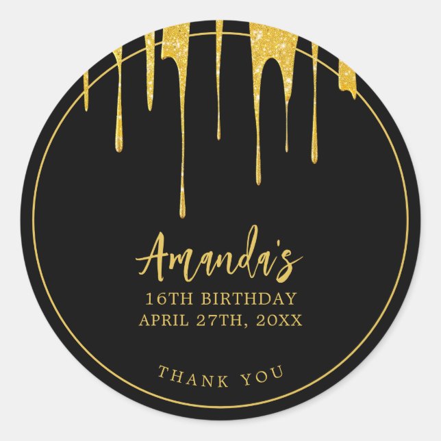 Luxury Gold Glitter Drips Sweet 16 Birthday Classic Round Sticker (Front)