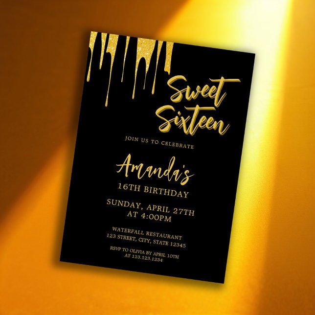 Luxury Gold Glitter Drips Sweet 16 Birthday Invitation (Creator Uploaded)