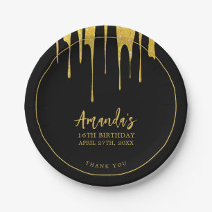 Luxury Gold Glitter Drips Sweet 16 Birthday Paper Plate