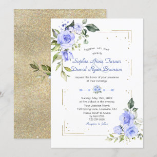Luxury Gold Glitter Frame Blue Flowers Wedding Invitation