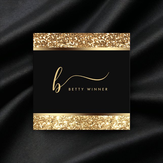Luxury Gold Glitter Frame Modern Script Monogram Square Business Card (Creator Uploaded)